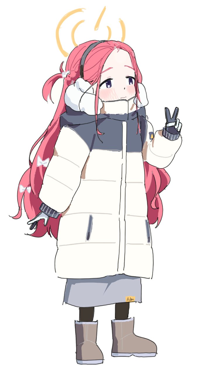 1girl adon_(dufaladanidu) blue_archive blush boots brown_boots closed_mouth coat earmuffs full_body gloves halo hand_up highres long_hair long_sleeves red_hair simple_background solo standing v white_background white_coat yellow_halo yuzu_(blue_archive) yuzu_(winter)_(blue_archive)
