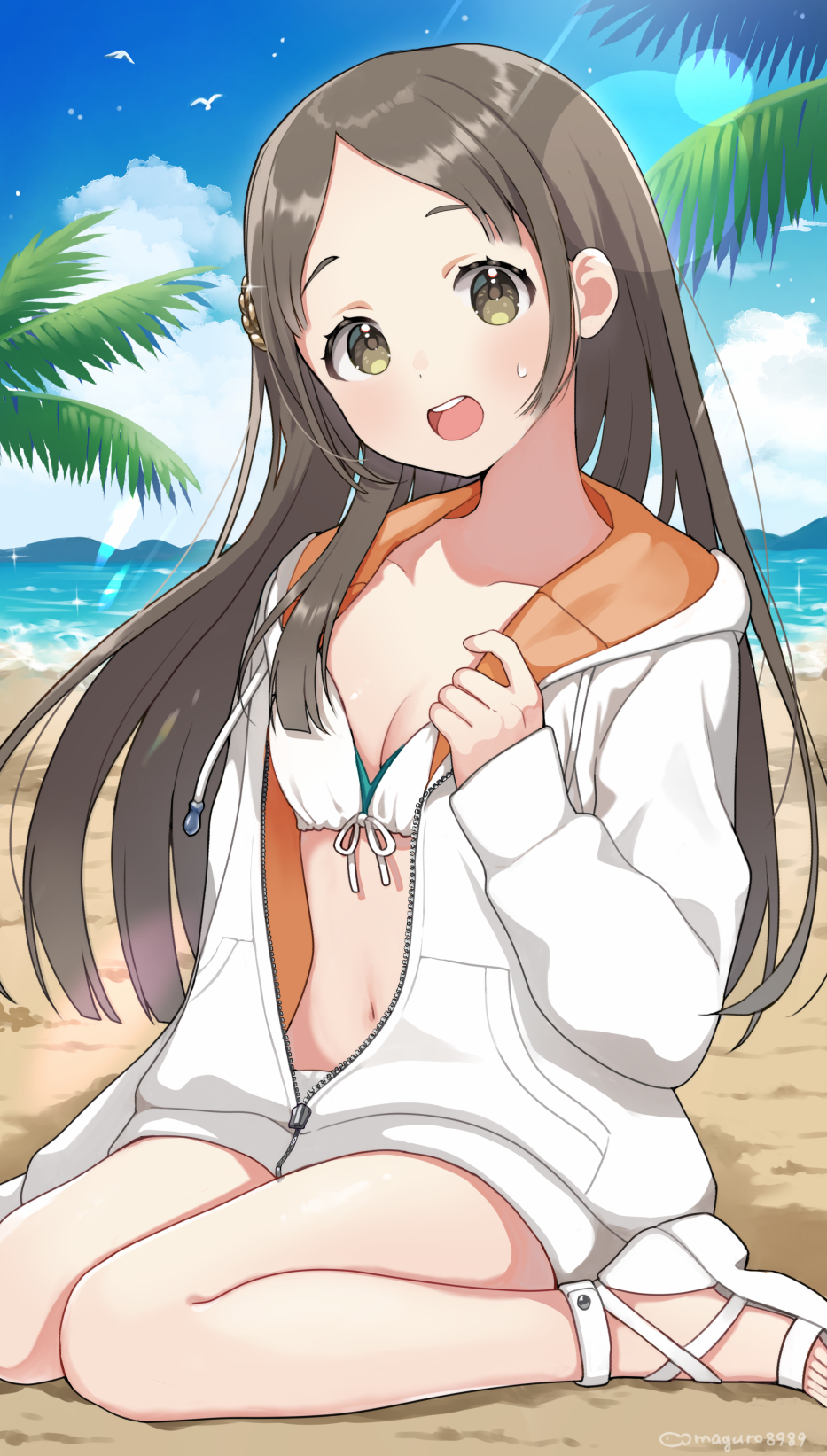 1girl beach bikini binchou_maguro bird blue_sky blush breasts brown_hair cleavage collarbone commentary_request day dot_nose front-tie_bikini_top front-tie_top gakuen_idolmaster glint hair_ornament hand_up highres hood hood_down hoodie idolmaster kimi_to_semi_blue_(idolmaster) kuramoto_china lens_flare long_hair long_sleeves looking_at_viewer mountainous_horizon navel ocean open_mouth outdoors palm_tree parted_bangs partially_unzipped sandals seagull sitting sky small_breasts smile solo sparks strappy_heels sweatdrop swimsuit teeth tree twitter_username upper_teeth_only wariza white_bikini white_hoodie white_sandals yellow_eyes zipper zipper_pull_tab