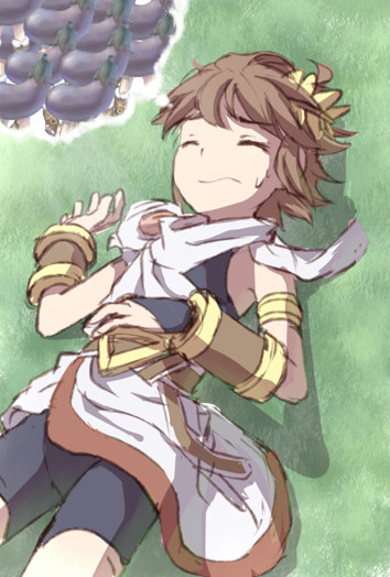 1boy armlet azumi_(tks-sd) belt bike_shorts_under_skirt black_hair black_undershirt bracer brown_belt closed_eyes closed_mouth dreaming fingerless_gloves gloves gold_armlet hand_on_own_stomach jewelry kid_icarus kid_icarus_uprising laurel_crown lying male_focus nintendo no_wings on_back on_grass on_ground pit_(kid_icarus) scarf single_fingerless_glove sleeping small_sweatdrop speech_bubble thought_bubble white_scarf