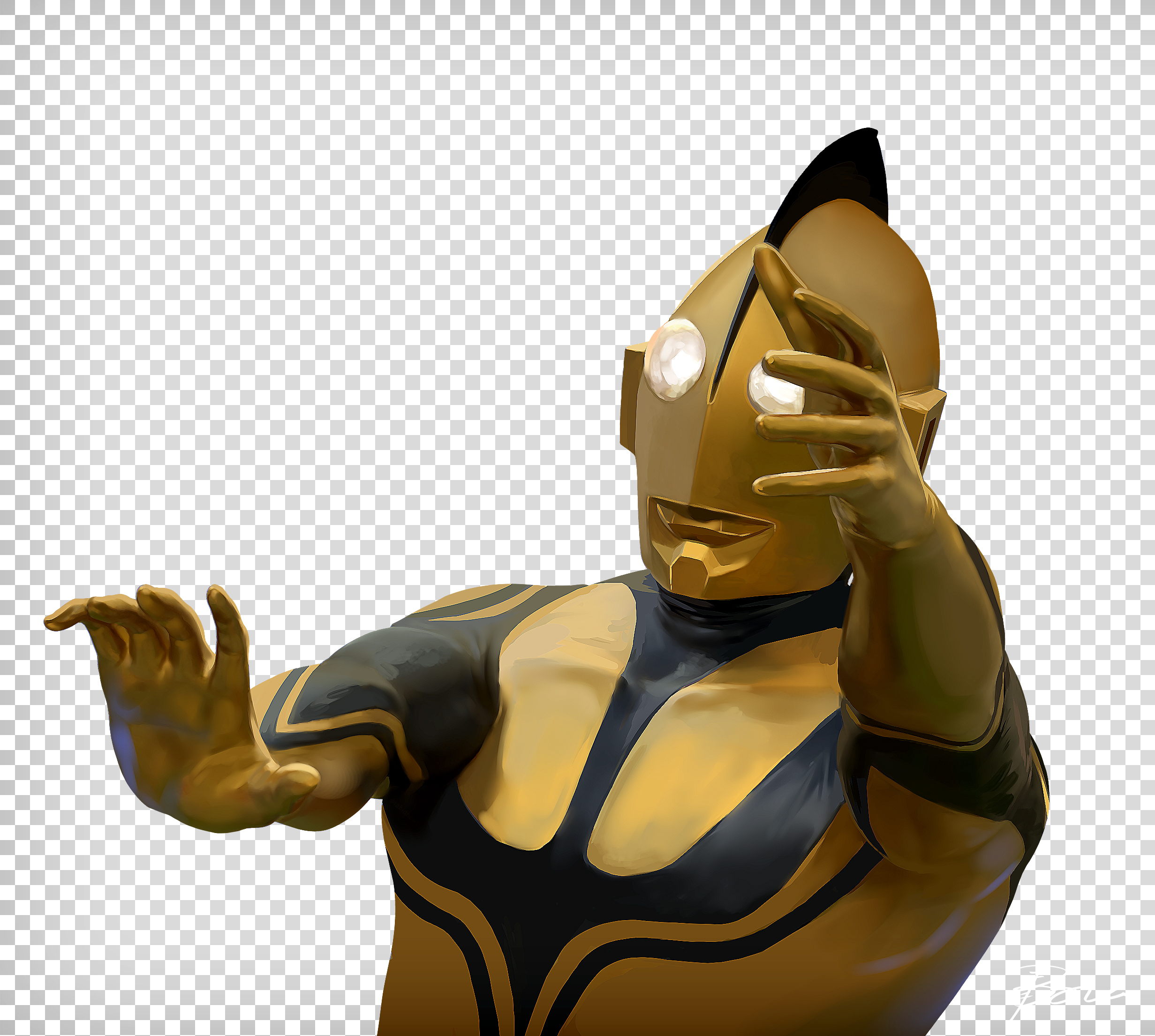 1boy black_skin colored_skin commentary_request derivative_work fake_transparency gold_skin grey_background hanekura_bou highres looking_ahead male_focus multicolored_skin no_pupils outstretched_arms outstretched_hand scene_reference shin_ultraman signature simple_background solo ultra_series ultraman_tarou_(series) yellow_eyes zoffy_(shin) zoffy_(ultra_series)