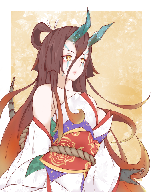 1girl bare_shoulders border breasts brown_hair claws cleavage detached_sleeves fate/grand_order fate/requiem fate_(series) gradient_hair hair_between_eyes horns japanese_clothes kijo_kouyou_(fate) kijo_kouyou_(third_ascension)_(fate) kimono large_breasts long_hair multicolored_hair orange_hair pix425 ponytail rope sash sleeveless sleeveless_kimono slit_pupils solo tail very_long_hair white_border white_kimono wide_sleeves yellow_background yellow_eyes