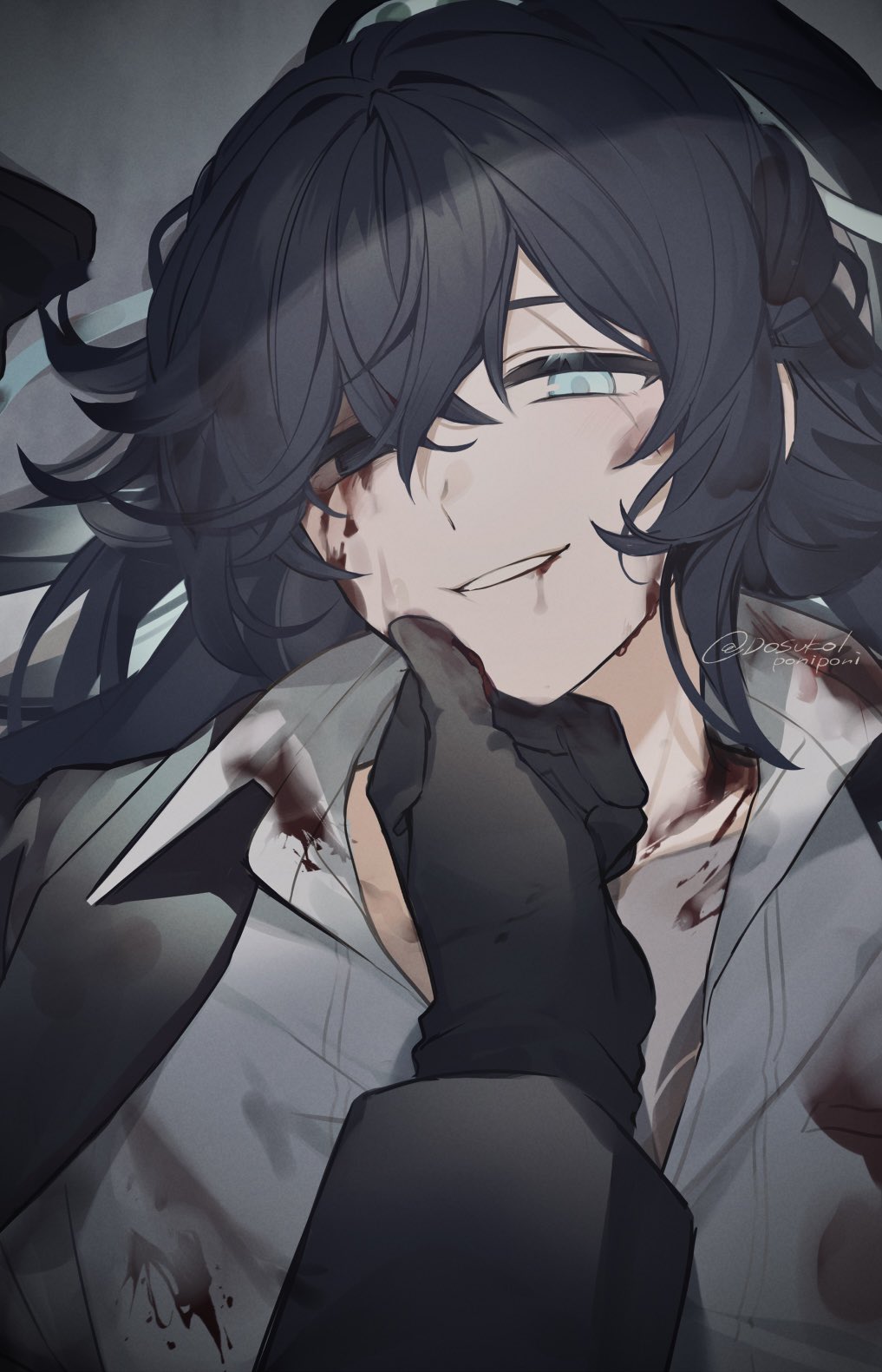 1boy 1other aqua_ribbon black_eyes black_gloves black_hair black_jacket blue_eyes collared_shirt dosukoiponiponi gloves grin hair_ribbon half_updo heterochromia highres hong_lu_(project_moon) jacket jacket_on_shoulders kurokumo_clan_(identity)_(project_moon) limbus_company long_hair looking_at_viewer lying male_focus on_back pov pov_hands project_moon ribbon scar scar_across_eye scar_on_face shirt smile very_long_hair white_shirt
