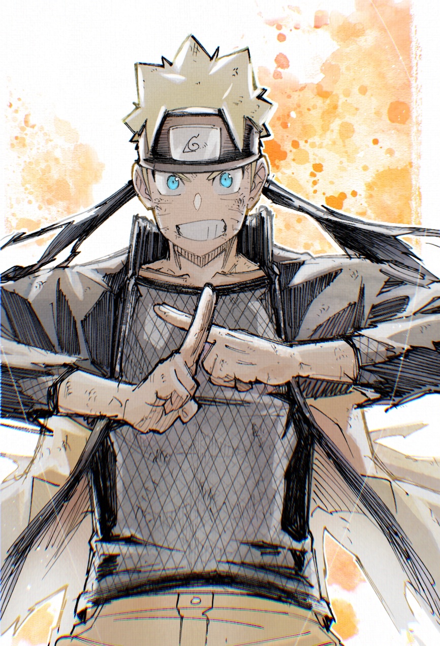 1boy black_jacket blonde_hair blue_eyes cowboy_shot facial_mark fishnet_top fishnets forehead_jewel highres jacket kuji-in male_focus multicolored_jacket naruto_(series) naruto_shippuuden open_clothes open_jacket orange_jacket orange_pants pants short_hair smile solo takeuchi_(a3) teeth two-tone_jacket uzumaki_naruto whisker_markings