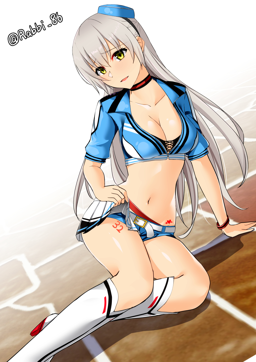 1girl :d belt belt_buckle black_bra black_hairband blue_headwear blue_jacket blue_shorts boots bra breasts buckle choker cleavage clothes_lift collarbone cropped_jacket eiyuu_densetsu elie_macdowell grey_hair hair_between_eyes hairband highres jacket knee_boots lifting_own_clothes long_hair medium_breasts micro_shorts midriff miniskirt mizuno_asami navel open_mouth partially_unzipped pleated_skirt short_sleeves shorts shorts_under_skirt sitting skirt skirt_lift smile solo stomach twitter_username underwear very_long_hair white_belt white_boots white_skirt yellow_eyes zero_no_kiseki