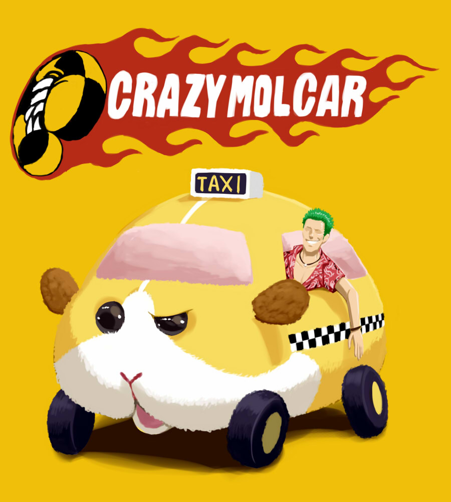 1boy axel_(crazy_taxi) bracelet commentary crazy_taxi crossover faceless faceless_male green_hair grin hawaiian_shirt hot_wheels jewelry logo_parody male_focus molcar necklace nigou parody potato_(pui_pui_molcar) pui_pui_molcar sega shirt simple_background smile smirk yellow_background