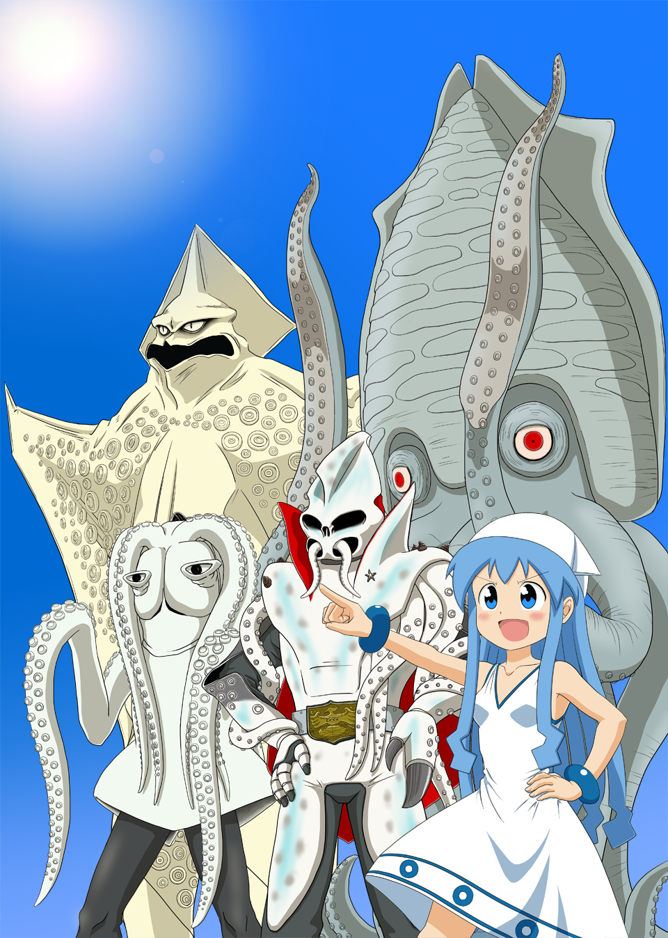 1girl belt blue_eyes blue_hair blush_stickers bracelet choujin_barom_1 crossover day dress ganime_kameba_kessen!_nankai_no_kaijuu gezora giant_robo hand_on_own_hip hands_on_own_hips highres hip_focus ikadevil ikagerasu ikageruge ikamusume jewelry kaiju kamen_rider long_hair open_mouth shinryaku!_ikamusume sky space_amoeba_(film) squid sun tentacle_hair tentacles tokusatsu willysmc