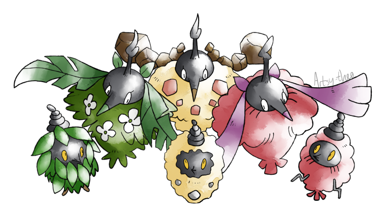artsy-theo burmy burmy_(plant) burmy_(sandy) burmy_(trash) commentary creature english_commentary evolutionary_line flower full_body gen_4_pokemon looking_at_viewer nintendo no_humans pokemon pokemon_(creature) signature simple_background white_background wormadam wormadam_(plant) wormadam_(sandy) wormadam_(trash)