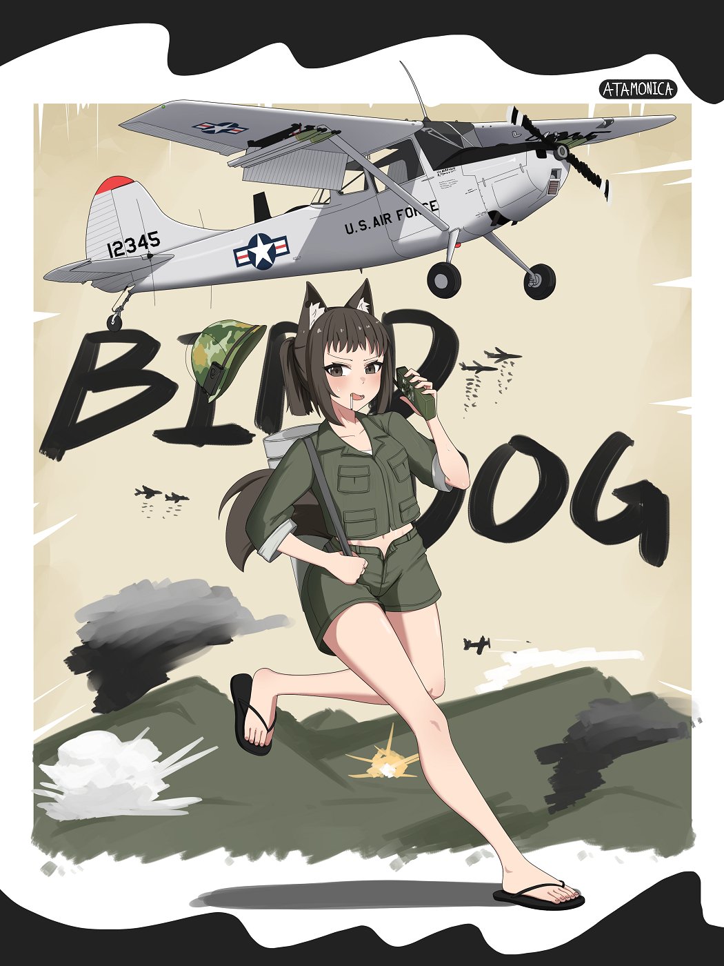 1girl aircraft airplane animal_ear_fluff animal_ears artist_name atamonica black_eyes black_hair black_sandals cigarette commentary dog_ears dog_girl dog_tail english_text explosion flip-flops full_body green_shirt green_shorts hand_up hat helmet highres holding holding_strap holding_walkie-talkie medium_hair midriff_peek military_vehicle missile mouth_hold navel o-1_bird_dog open_fly open_mouth original personification ponytail running sandals shirt short_shorts shorts smoke solo sweatdrop tail united_states_air_force unworn_hat unworn_headwear v-shaped_eyebrows vehicle_and_personification vietnam_war walkie-talkie