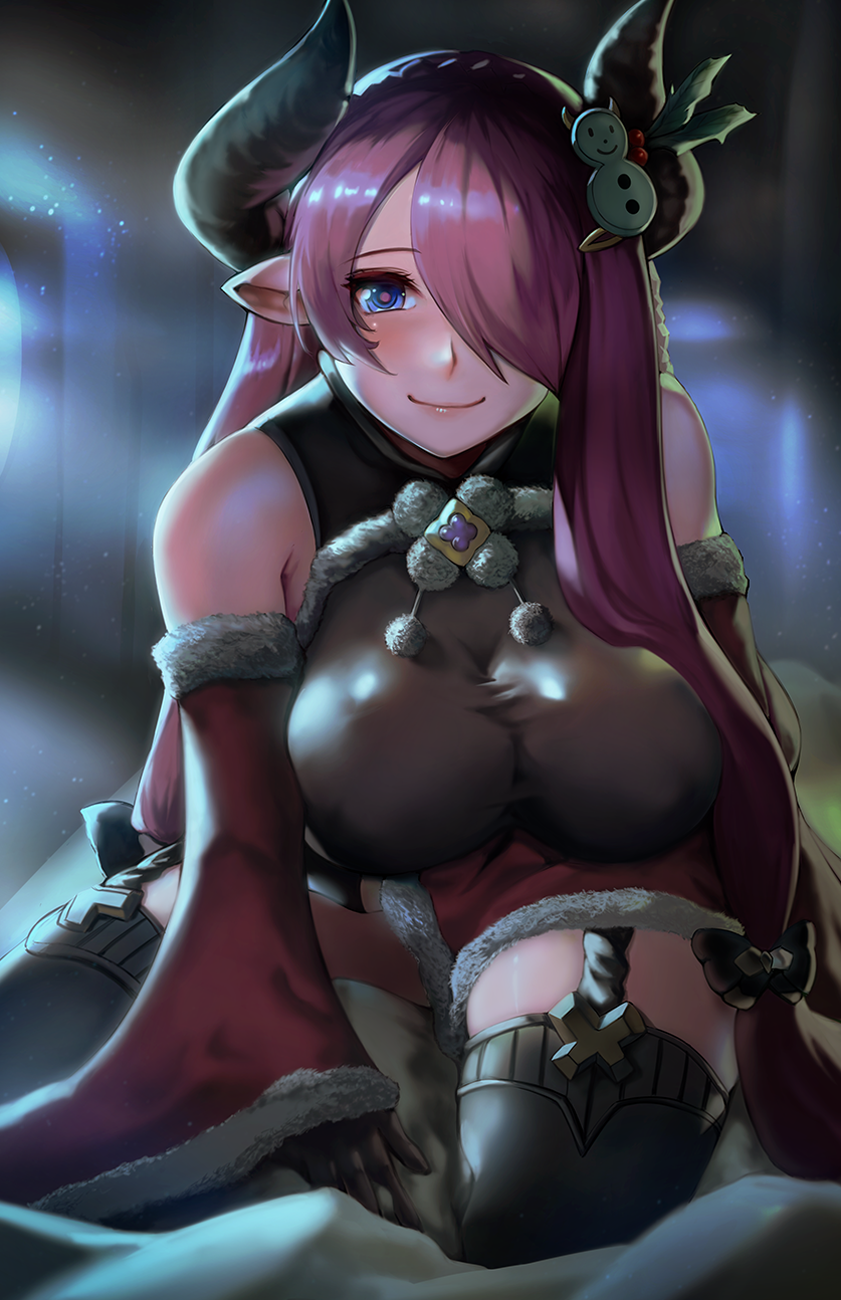 1girl bare_shoulders blue_eyes blush breasts bright_pupils comic-z detached_sleeves draph dress fur_trim gloves granblue_fantasy hair_over_one_eye highres holly horns large_breasts long_hair narmaya_(granblue_fantasy) narmaya_(holiday)_(granblue_fantasy) on_bed pink_hair pointy_ears pom_pom_(clothes) santa_costume santa_dress sitting smile snowman_hair_ornament solo thighhighs very_long_hair zettai_ryouiki