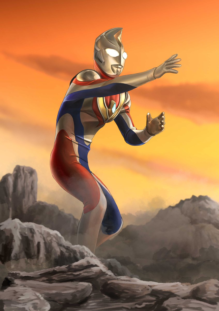 1boy alien arm_up armor blue_skin breastplate canyon cloud color_timer colored_skin commentary compound_eyes dorsal_fin dust_cloud feet_out_of_frame fighting_stance flash_type_(ultra_series) forehead_jewel from_side gattyo giant glowing glowing_eyes highres looking_ahead male_focus mars_(planet) mountain multicolored_skin open_hands orange_sky outstretched_arm red_skin silver_skin sky solo tokusatsu ultra_series ultraman_dyna ultraman_dyna_(flash_type) ultraman_dyna_(series) white_eyes wrinkled_skin