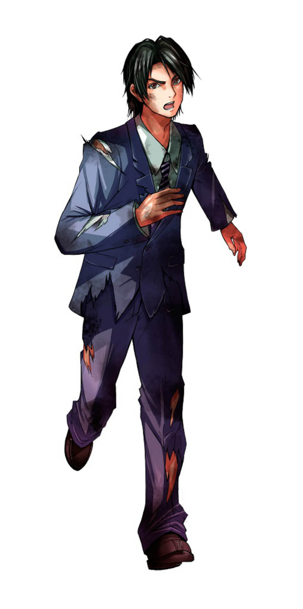 1boy artist_request battle_damage black_hair blood brown_eyes reference_sheet city_shrouded_in_shadow concept_art granzella highres misaki_ken necktie official_art promotional_art short_hair torn_clothes white_background