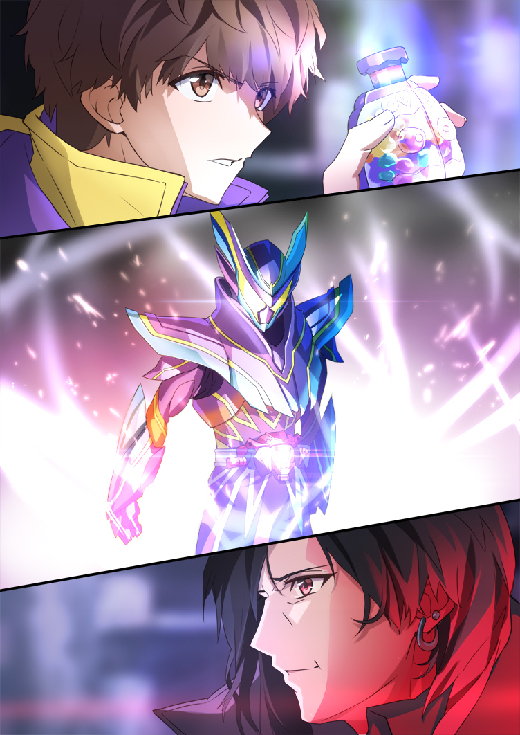 2boys black_hair brown_eyes brown_hair earrings gochipod henshin hood hoodie inoue_shouma jewelry kamen_rider kamen_rider_gavv kamen_rider_gavv_(series) kamen_rider_gavv_master_mode lango_stomach male_focus multiple_boys purple_hoodie red_eyes tsuezu