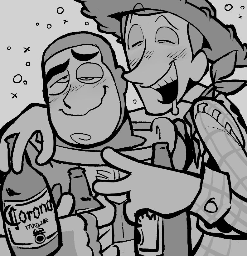 2boys alcohol astronaut beer blush bottle buzz_lightyear corona_(brand) cowboy cowboy_hat cowboy_western draculoid drooling drunk hat holding holding_bottle male_focus monochrome multiple_boys sheriff_woody spacesuit squeans toy_story western