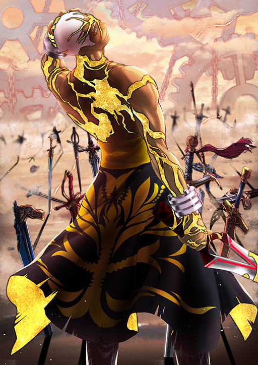 1boy arm_at_side arm_up bangle black_cape black_pants bracelet buzz_cut cape chain closed_mouth colored_skin cuffs dark-skinned_male dark_skin emiya_alter fate/grand_order fate_(series) feet_out_of_frame from_behind gold_skin hand_on_own_head holding holding_sword holding_weapon jewelry kanshou_&amp;_bakuya_(fate) kintsugi legs_apart looking_at_viewer looking_back lower_teeth_only male_focus multicolored_skin multiple_scars no_shirt official_alternate_skin_color official_art pants planted planted_sword planted_weapon sasaki_shounen scar scar_on_arm scar_on_back scar_on_chest scar_on_face scar_on_hand scar_on_head scar_on_neck second-party_edit shackles short_hair short_sideburns smile solo standing sword teeth third-party_source toned toned_male topless_male two-tone_skin unlimited_blade_works_(reality_marble) v-shaped_eyebrows very_short_hair waist_cape weapon yellow_eyes