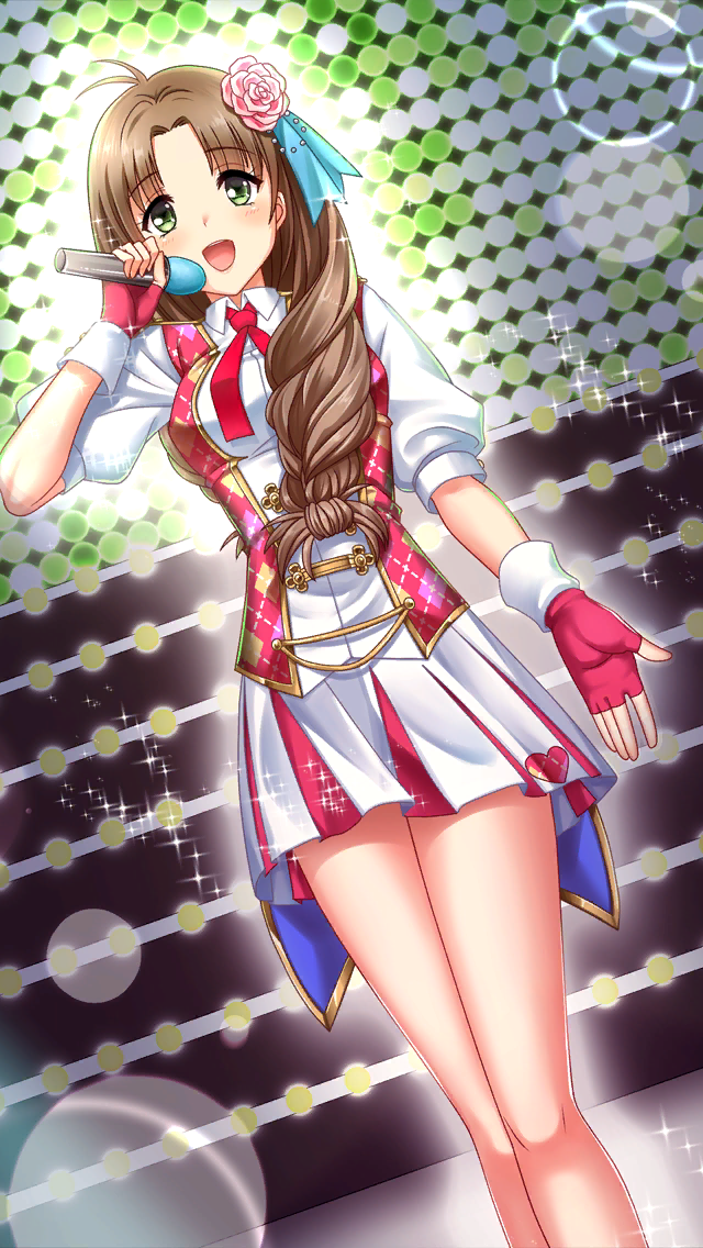 1girl :d antenna_hair brown_hair collared_shirt doukyuusei doukyuusei_(series) doukyuusei_2 doukyuusei_another_world dress_shirt dutch_angle fingerless_gloves flower game_cg gloves green_eyes hair_flower hair_ornament holding holding_microphone long_hair microphone miniskirt official_art open_mouth pink_flower pleated_skirt red_gloves shirt short_sleeves skirt smile solo sparkle standing sugimoto_sakurako white_shirt white_skirt wing_collar