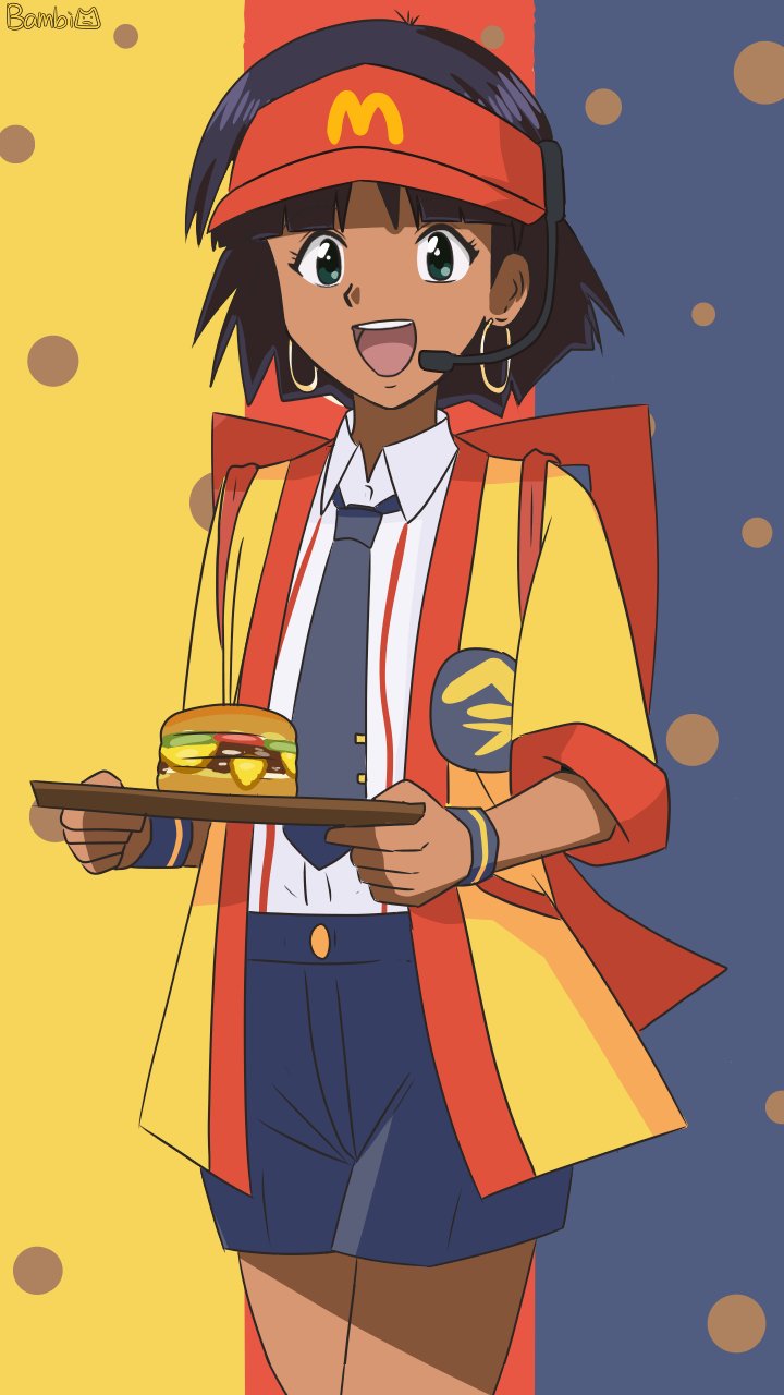 1girl :d artist_name back_bow badge bambi2000line black_background black_hair black_necktie black_shorts bob_cut bow burger button_badge cheese collared_shirt commentary cosplay cowboy_shot dark-skinned_female dark_skin earrings employee_uniform fast_food_uniform food fushigi_no_umi_no_nadia green_eyes hat headset highres holding holding_tray hoop_earrings imadake_dabuchi_tabemi imadake_dabuchi_tabemi_(cosplay) japanese_clothes jewelry looking_at_viewer mcdonald&#039;s microphone nadia_la_arwall necktie open_clothes open_happi open_mouth pickle pinstripe_pattern pinstripe_shirt polka_dot polka_dot_background red_background red_trim red_visor serving shirt short_hair shorts smile solo standing striped_clothes striped_shirt three-toned_background tie_clip tomato tomato_slice tray vertical-striped_clothes vertical-striped_shirt visor_cap white_shirt wristband yellow_background yellow_happi