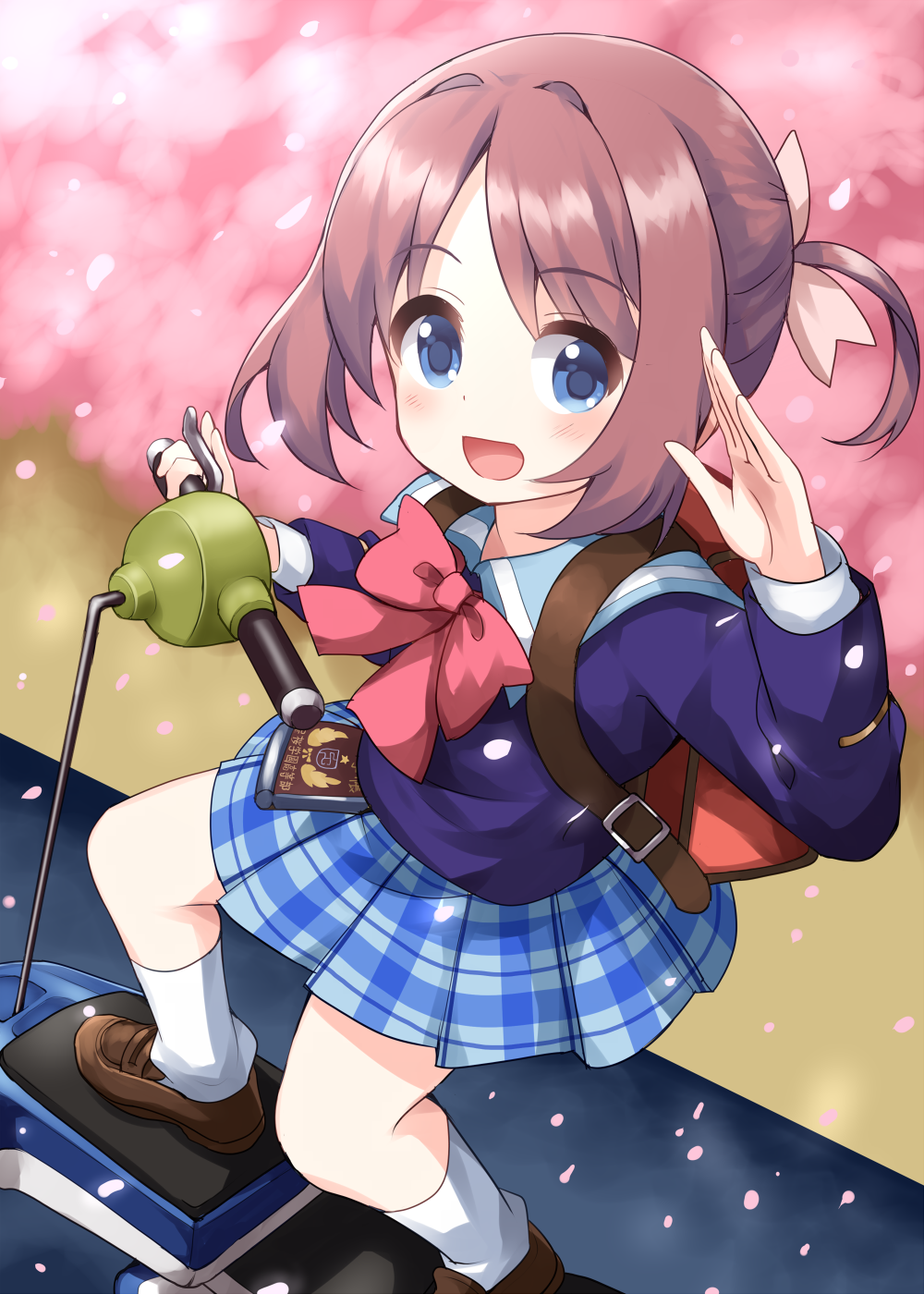 1girl :d amamiya_manami backpack bag blue_eyes blue_sailor_collar blue_skirt blush bow bowtie brown_hair brown_shoes cherry_blossoms commentary_request full_body gakuen_utopia_manabi_straight! hand_up highres jacket long_sleeves looking_at_viewer on_scooter open_mouth parted_bangs plaid_clothes plaid_skirt pleated_skirt purple_jacket red_bag red_bow red_bowtie ruu_(tksymkw) sailor_collar school_uniform serafuku shoes short_hair sidelocks skirt smile socks solo standing white_socks