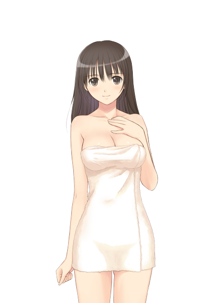 00s 1girl black_eyes black_hair blush breasts fault!! female_focus game_cg large_breasts legs long_hair looking_at_viewer nude simple_background solo standing thighs tony_taka towel white_background