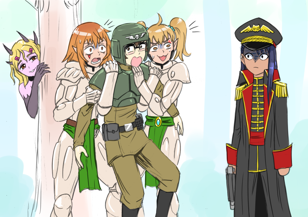 1boy 3girls armor astra_militarum black_hair blonde_hair commentary commissar daemonette eldar flick-the-thief frown gamou_maki glasses hachiouji_naoto hair_ornament hairclip helmet horns ijiranaide_nagatoro-san jealous looking_at_another military military_uniform multiple_girls nagatoro_hayase nervous orange_hair peeking_out pointy_ears shaded_face tree warhammer_40k yoshi_(nagatoro)
