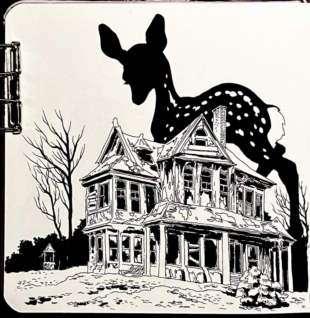 abandoned animal animal_focus architecture bare_tree black_fur broken_window building closed_eyes commentary dilapidated english_commentary fleebites from_behind greyscale high_contrast house inktober monochrome no_humans original outdoors oversized_animal photo_(medium) ruins scenery snow traditional_media tree well