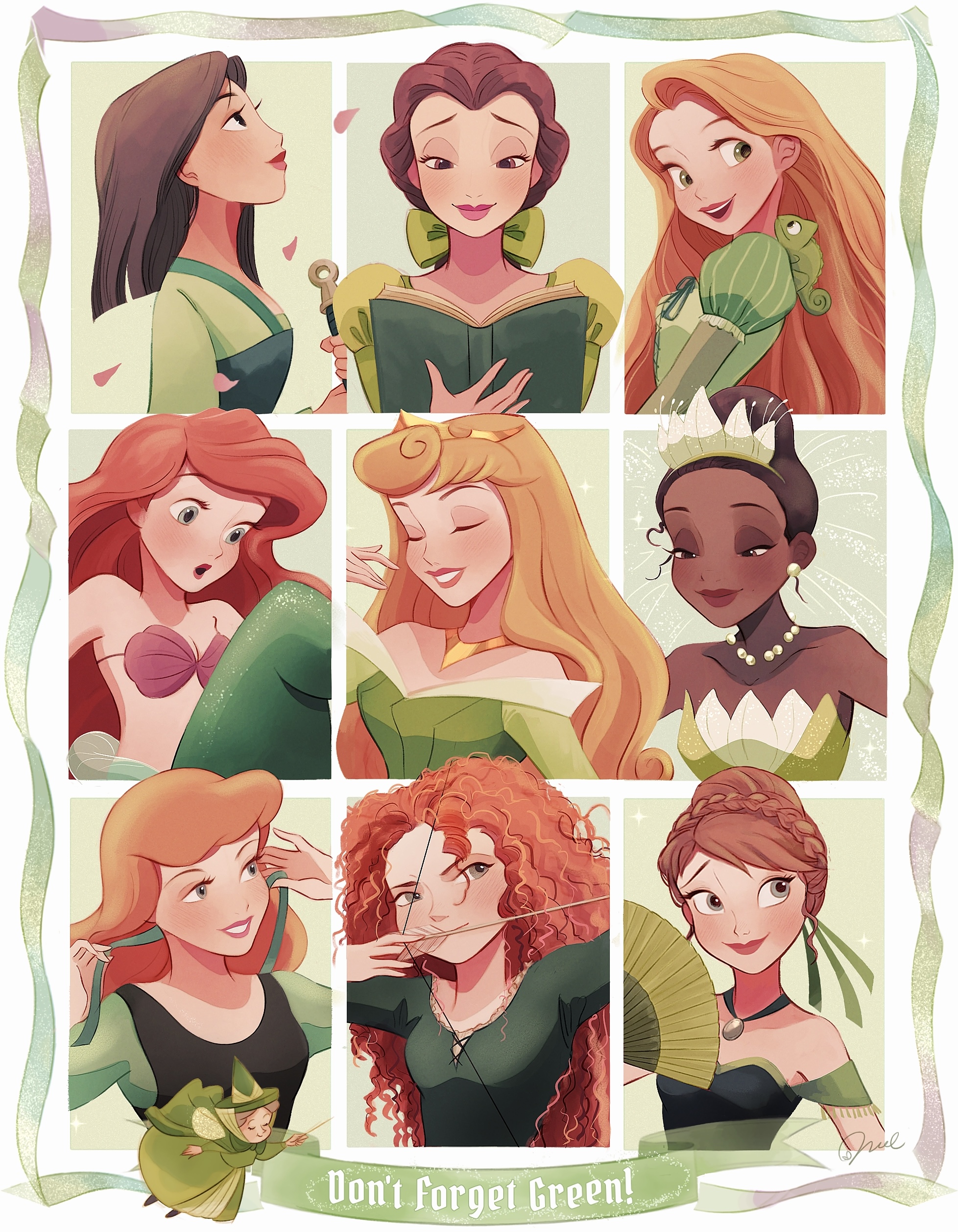absurdres anna_(frozen) ariel_(disney) aurora_(disney) beauty_and_the_beast_(disney) belle_(disney) bikini blonde_hair blue_eyes braid brave_(pixar) brown_hair chameleon cinderella_(disney_character) cinderella_(disney_movie) disney disney_princess dress fa_mulan_(disney) fauna_(disney) frozen_(disney) green_shirt highres long_hair melchencanto merida_(brave) mermaid monster_girl mulan_(movie) multiple_girls open_mouth orange_hair pascal_(tangled) rapunzel_(disney) shell shell_bikini shirt sleeping_beauty_(disney) smile swimsuit tangled the_little_mermaid_(disney) the_princess_and_the_frog tiana_(the_princess_and_the_frog)