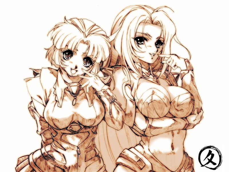 2girls banpresto breast_hold breasts cleavage fang hisahiko kusuha_mizuha large_breasts long_hair midriff monochrome multiple_girls orange_theme selena_recital short_hair super_robot_wars super_robot_wars_alpha the_3rd_super_robot_wars_alpha