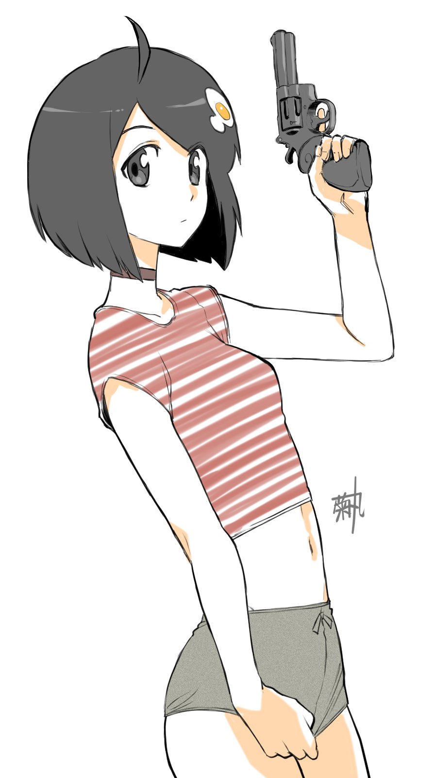1girl ahoge aiming_up araragi_tsukihi arm_at_side artist_name black_choker black_eyes black_hair blunt_ends bob_cut breasts choker clenched_hand closed_mouth collarbone commentary cosplay cowboy_shot crop_top cropped_shirt egg_hair_ornament expressionless finger_on_trigger food-themed_hair_ornament fried_egg from_side grey_shorts gun hair_ornament hand_up handgun highres holding holding_gun holding_weapon kikumaru_bunta leon_the_professional looking_at_viewer looking_to_the_side mathilda_lando mathilda_lando_(cosplay) midriff monogatari_(series) navel red_shirt revolver ruger_sp101 shirt short_hair short_shorts short_sleeves shorts signature simple_background small_breasts solo striped_clothes striped_shirt swept_bangs t-shirt translated two-tone_shirt weapon white_background white_shirt