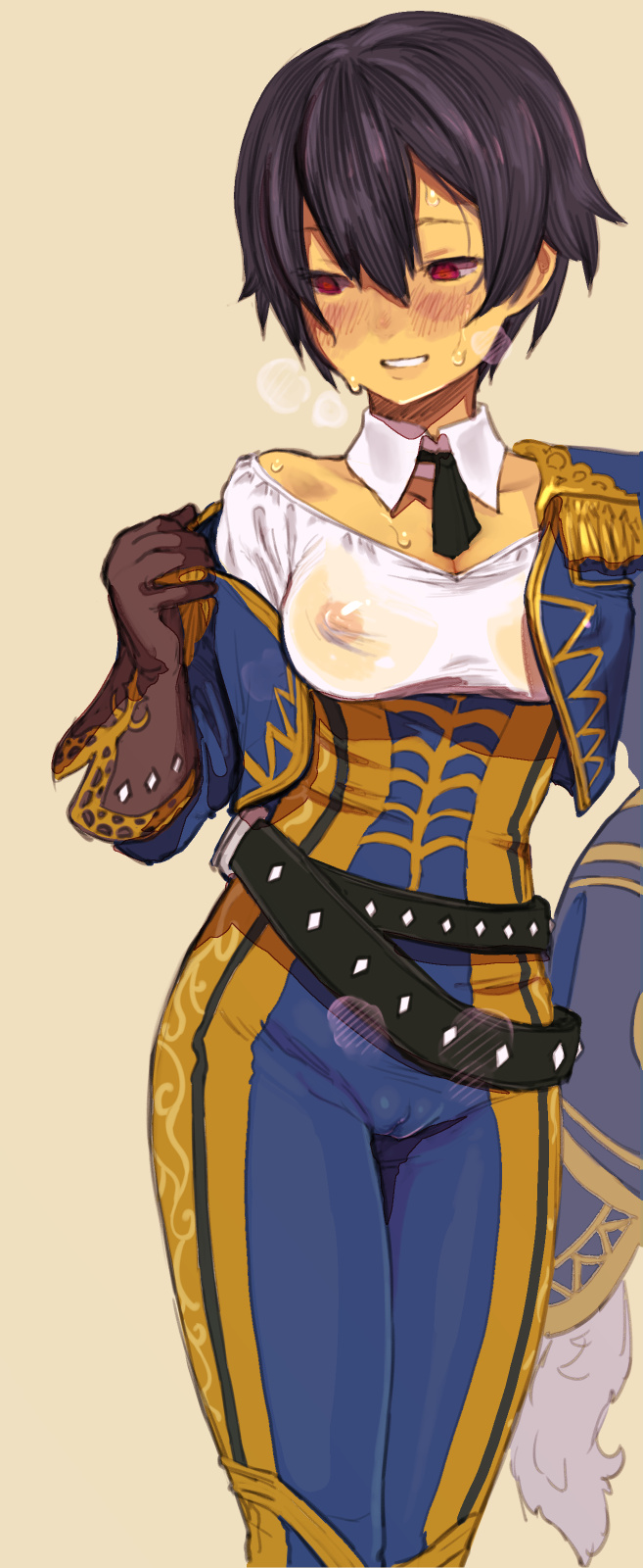 1girl 2equal8 belt black_belt black_hair black_neckwear blue_jacket blue_legwear blue_pants blush breasts breath brown_gloves cameltoe empty_eyes epaulettes facial_hair feathers female_focus flashing frilled_jacket frills full-face_blush gloves gold_trim hat hat_feather highres holding holding_unworn_clothes holding_unworn_hat jacket medium_breasts megido72 military military_uniform multiple_belts naughty_face nipples no_bra off_shoulder pants public_indecency red_eyes see-through_clothes shirt short_hair simple_background solo standing steam striped sweat sweatdrop tan_background tight_clothes tight_pants tomboy undressing unworn_hat unworn_headwear white_feathers white_shirt zagan_(megido72)