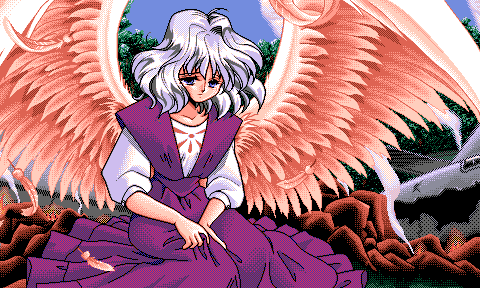 1990s_(style) 1girl between_legs circle_skirt closed_mouth clothes_grab day dithering dress falling_feathers feathers foliage game_cg gaogao!_(four-nine) half-closed_eyes hand_between_legs hand_on_lap japanese_clothes kataginu layered_clothes legs_together light_frown looking_down lowres medium_hair official_art outdoors pc-98_(style) pink_wings pixel_art print_sweater purple_dress retro_artstyle rubble sitting sky three-quarter_sleeves sleeves_rolled_up smoke solo sweater sweater_under_dress third-party_source three_quarter_view wavy_hair white_sweater wind wings wreckage yokozuwari