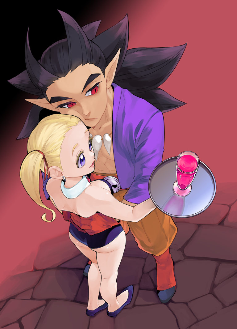 1boy 1girl abs ass asuka_(pixiv3381855) black_hair black_leotard black_shoes blonde_hair blue_eyes boots breasts chin_rest colored_eyelashes commentary_request couple dark-skinned_male dark_skin detached_collar dragon_quest dragon_quest_builders_2 drink earrings female_builder_(dqb2) flats foreshortening from_above gloves hair_horns hair_pulled_back hair_ribbon head_on_head head_rest hetero holding holding_tray hoop_earrings hug jewelry leotard looking_at_object looking_to_the_side low_ponytail medium_breasts muscular muscular_male necklace official_alternate_costume open_clothes open_mouth open_shirt orange_pants pants pointy_ears ponytail purple_shirt red_boots red_eyes red_gloves red_ribbon ribbon shirt shoes sidoh_(dqb2) silver_earrings skull_belt slit_pupils smile spiked_hair strapless strapless_leotard tooth_necklace tray twintails waitress