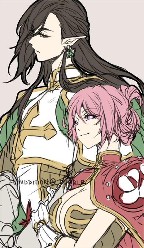 1boy 1girl armor arms_under_breasts black_hair breastplate breasts brown_dress cape chainmail cleavage closed_mouth creator_(ragnarok_online) cross dress earrings expressionless fumiddition gloves green_eyes grey_background jewelry large_breasts long_hair looking_at_viewer looking_to_the_side lord_knight_(ragnarok_online) pauldrons pink_cape pink_hair pointy_ears purple_eyes ragnarok_online short_hair shoulder_armor smile strapless strapless_dress upper_body white_gloves
