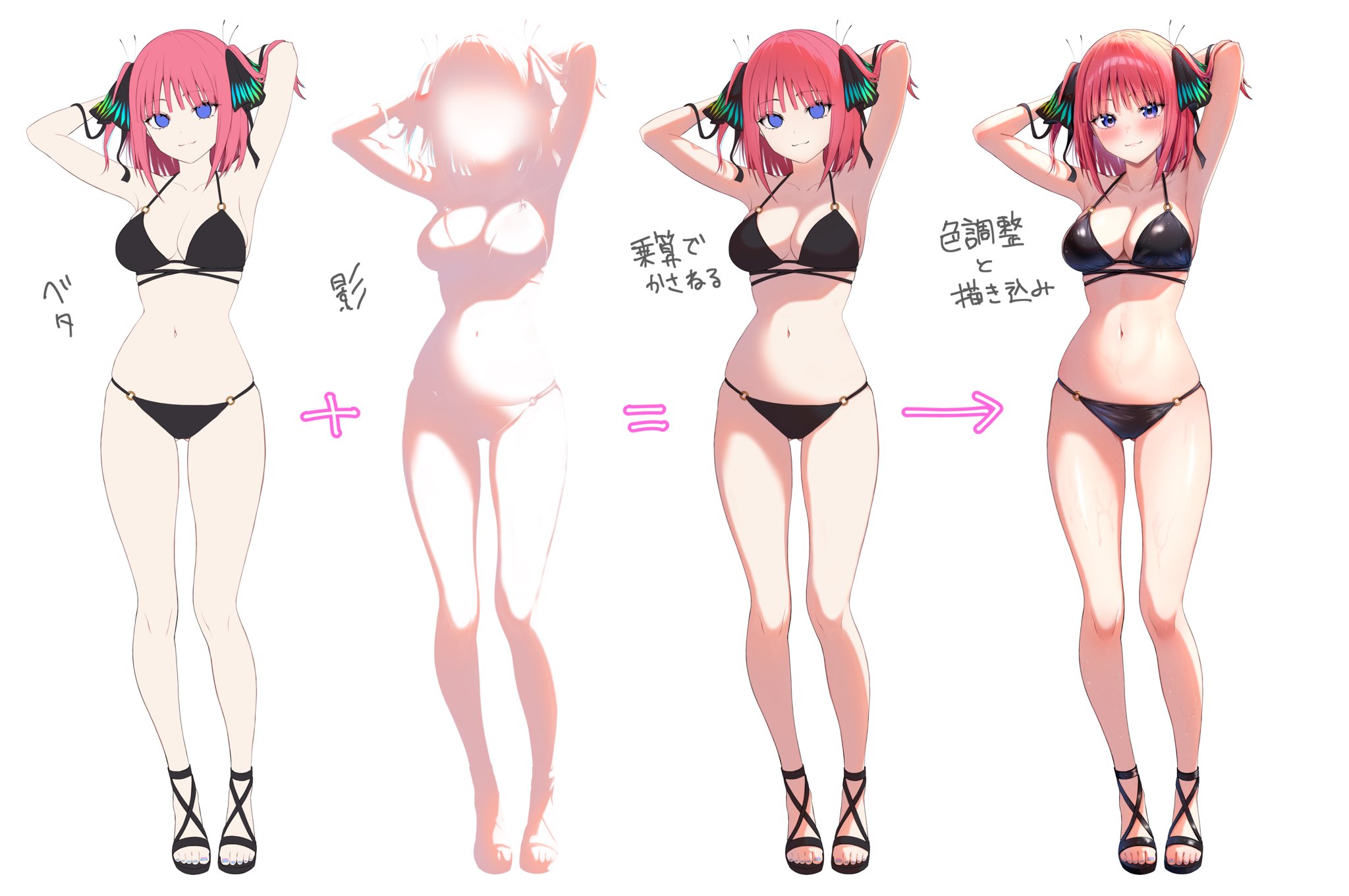 1girl armpits arms_behind_head arrow_(symbol) bikini black_bikini black_sandals blue_eyes blunt_bangs blush breasts butterfly_hair_ornament cleavage closed_mouth collarbone commentary_request curvy full_body gluteal_fold go-toubun_no_hanayome hair_ornament halterneck highres how_to kurosaki_coco large_breasts legs looking_at_viewer medium_hair multiple_views nakano_nino navel o-ring o-ring_bikini o-ring_bottom o-ring_top pink_hair sandals shiny_skin skindentation smile standing stomach swimsuit thighs toes translation_request two_side_up