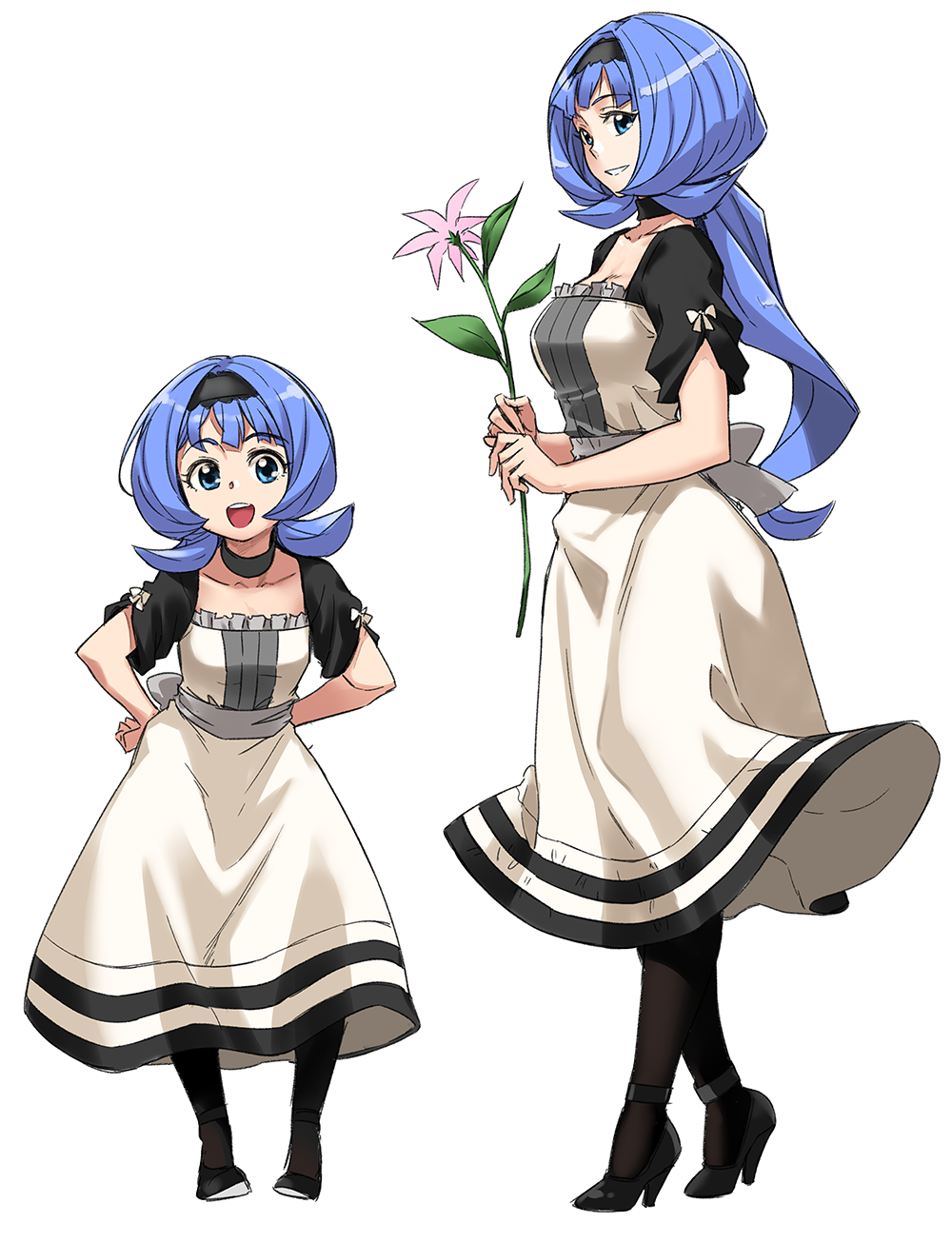 age_comparison aged_up almiria_bauduin black_legwear blue_eyes blue_hair breasts cleavage dress dual_persona flower gundam gundam_tekketsu_no_orphans high_heels highres long_hair low_ponytail pantyhose ponytail tachibana_roku