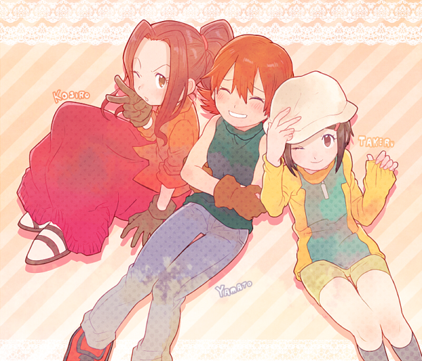 3girls blush brown_eyes brown_hair cosplay denim digimon digimon_adventure digimon_adventure_02 dress gloves hair_ornament hairclip hat high_collar ishida_yamato ishida_yamato_(cosplay) izumi_koshiro izumi_koshiro_(cosplay) jeans long_dress long_hair long_sleeves multiple_girls one_eye_closed pants ponytail shirt short_hair shorts sleeveless smile t_k_g tachikawa_mimi takaishi_takeru takaishi_takeru_(cosplay) takenouchi_sora v wink yagami_hikari zipper