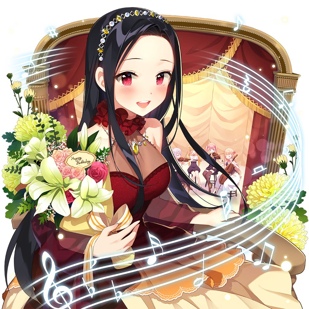 1girl 2boys :d alternate_costume bare_shoulders beamed_eighth_notes beamed_sixteenth_notes bird black_hair blush bouquet bow breasts chair character_name choker clarice_lapis cleavage closed_eyes collarbone dress eighth_note faceless faceless_female flower formal_clothes gift hair_flower hair_ornament happy_birthday hat holding holding_bouquet instrument jewelry large_breasts long_hair long_sleeves looking_at_viewer medium_breasts multiple_boys multiple_girls music musical_note musical_staff necklace open_mouth parted_bangs pink_dress pink_flower pink_rose pleated_dress purple_eyes quarter_note red_dress red_eyes red_flower ribbon rose salt_(salty) sidelocks sleeveless sleeveless_dress smile solo solo_focus standing strapless strapless_dress sunflower table uchi_no_hime-sama_ga_ichiban_kawaii vase very_long_hair white_flower yellow_flower
