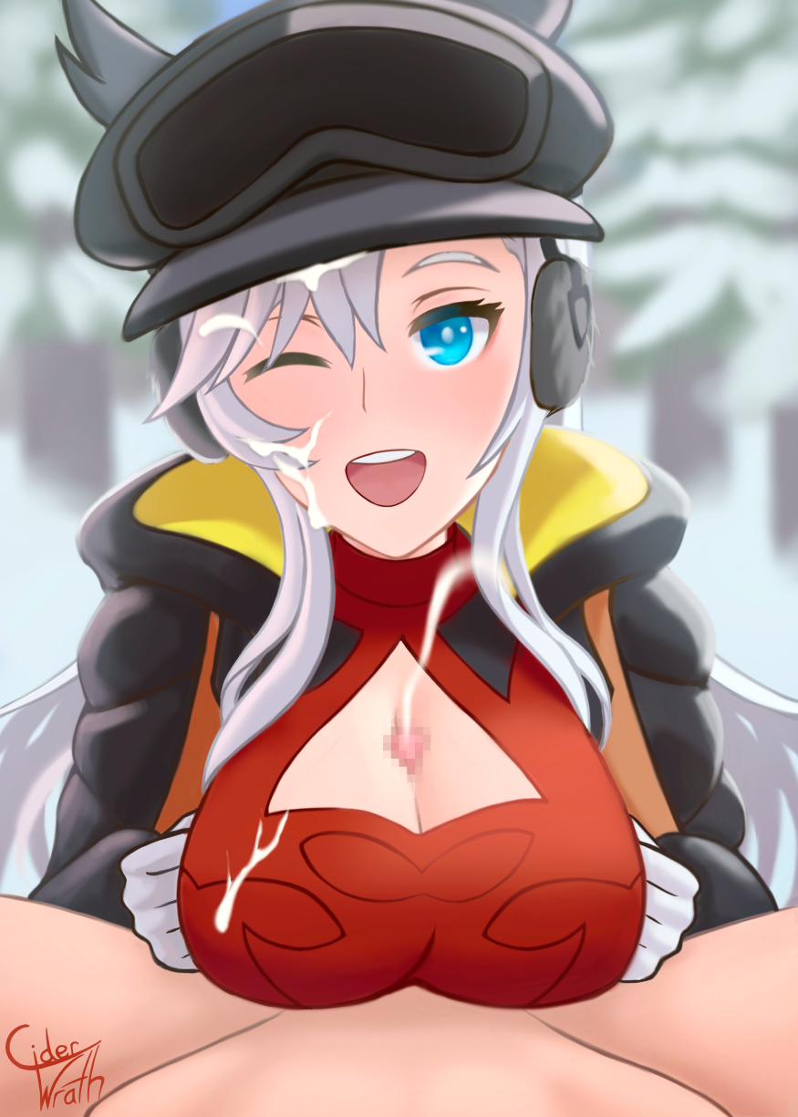1boy 1girl black_jacket blue_eyes breasts ciderwrath cleavage_cutout clothing_cutout cum cum_on_body dragalia_lost ear_covers earmuffs ejaculation facial forest gloves goggles goggles_on_head highres ilia_(dragalia_lost) jacket large_breasts looking_at_viewer nature one_eye_closed open_clothes open_jacket open_mouth paizuri red_shirt shirt signature snow white_gloves white_hair
