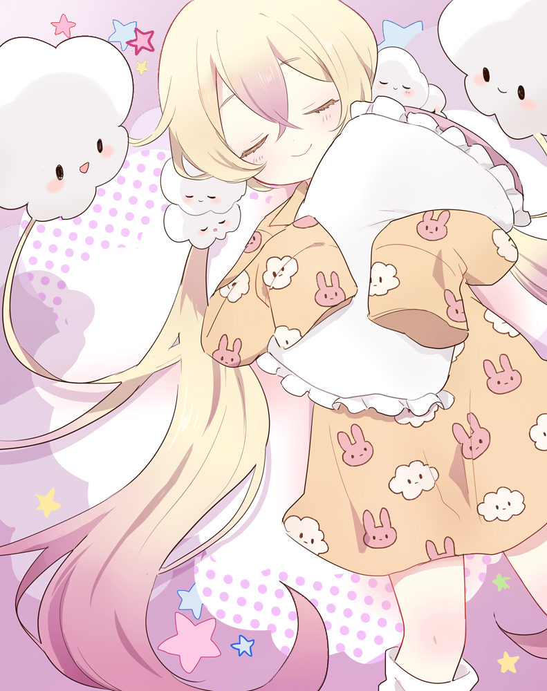 10s 1girl 50yen_(gojiue) animal_print blonde_hair closed_eyes cloud_print female_focus hands_in_opposite_sleeves hugging_object long_sleeves mahou_shoujo_ikusei_keikaku mahou_shoujo_ikusei_keikaku_unmarked nemurin nemurin_(mahoiku) pajamas pillow pillow_hug print_pajamas rabbit_print sleeping sleeves_past_wrists solo white_legwear