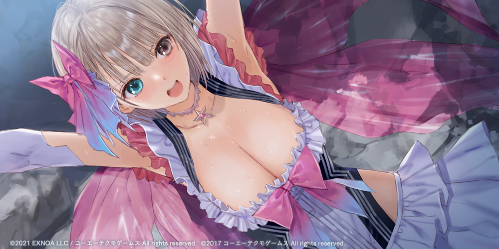 1girl aqua_eyes artist_request black_eyes black_hair blue_reflection_(series) blue_reflection_maboroshi_ni_mau_shoujo_no_ken blue_reflection_sun breasts brown_eyes cleavage cowboy_shot frown heterochromia image_sample jpeg_artifacts kishida_mel large_breasts looking_at_viewer open_mouth shirai_hinako solo straight_hair striped_background sweat