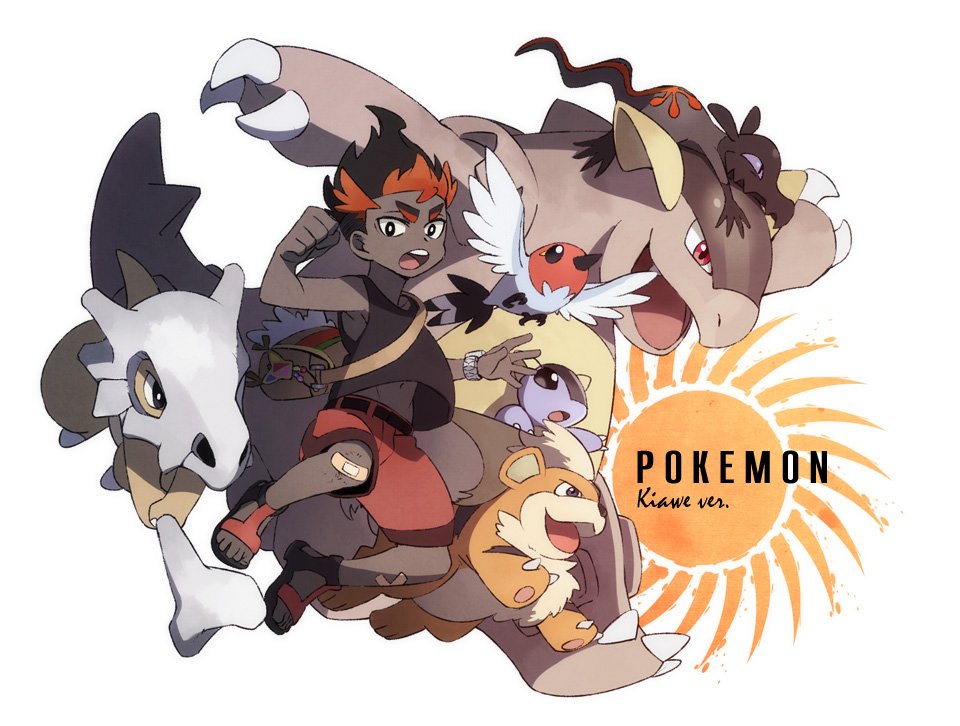 1boy aged_down bad_id bad_twitter_id bandaid bandaid_on_knee bandaid_on_leg black_hair black_shirt character_name cubone dark-skinned_male dark_skin fletchling gen_1_pokemon gen_6_pokemon gen_7_pokemon growlithe jumping kangaskhan kiawe_(pokemon) looking_at_viewer male_focus multicolored_hair nintendo open_mouth pokemon pokemon_(creature) pokemon_sm red_shorts salandit sandals shirt shorts simple_background sun tank_top tetsuyoh trial_captain two-tone_hair very_dark_skin white_background z-ring