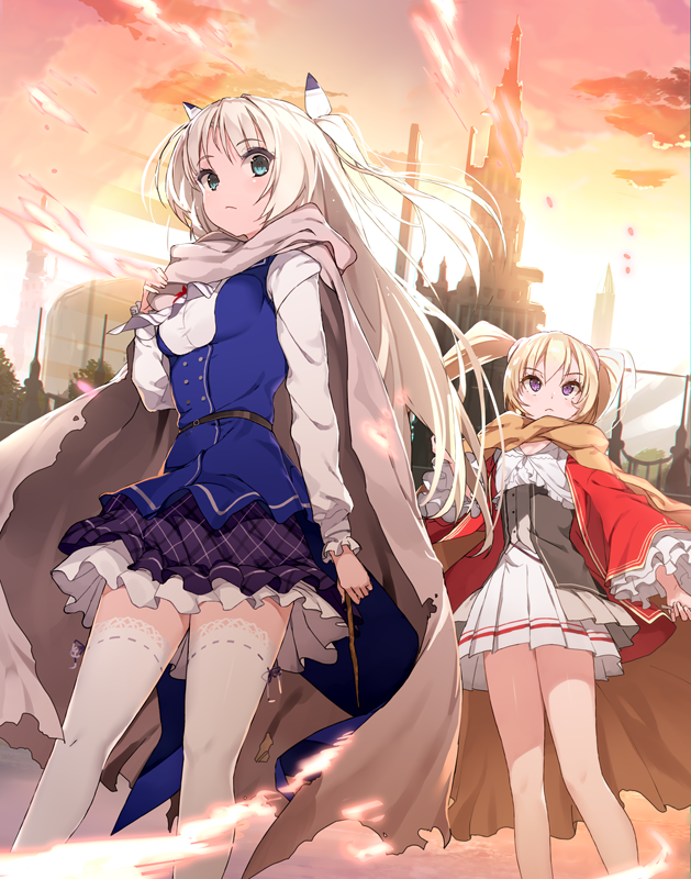 2girls alicia_vladia_sarkista blonde_hair blue_jacket blush breasts brown_cape buta_koushaku cape charlotte_lily_hughjack cloud cover_image green_eyes hair_between_eyes headgear holding holding_wand jacket long_hair long_sleeves multiple_girls nauribon novel_illustration official_art one_side_up orange_cape outdoors petals plaid_clothes plaid_skirt pleated_skirt purple_eyes purple_skirt red_jacket shirt skirt sky small_breasts standing sunset textless_version thighhighs tower twintails very_long_hair wand white_legwear white_shirt white_skirt wide_sleeves