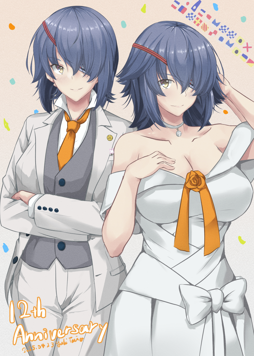 1girl anniversary breasts choker cleavage closed_mouth collarbone collared_shirt commentary corsage cosplay dress eyepatch flower formal_clothes grey_vest hand_on_own_chest highres jacket kantai_collection looking_at_viewer nagato_(anniversary)_(kancolle) nagato_(kancolle) nagato_(kancolle)_(cosplay) necktie off-shoulder_dress off_shoulder orange_flower orange_necktie pants purple_hair shirt short_hair signal_flag smile suit suit_jacket taira_yuuki tenryuu_(kancolle) vest waistcoat warspite_(anniversary)_(kancolle) warspite_(kancolle) warspite_(kancolle)_(cosplay) white_choker white_dress white_jacket white_pants white_shirt white_suit yellow_eyes