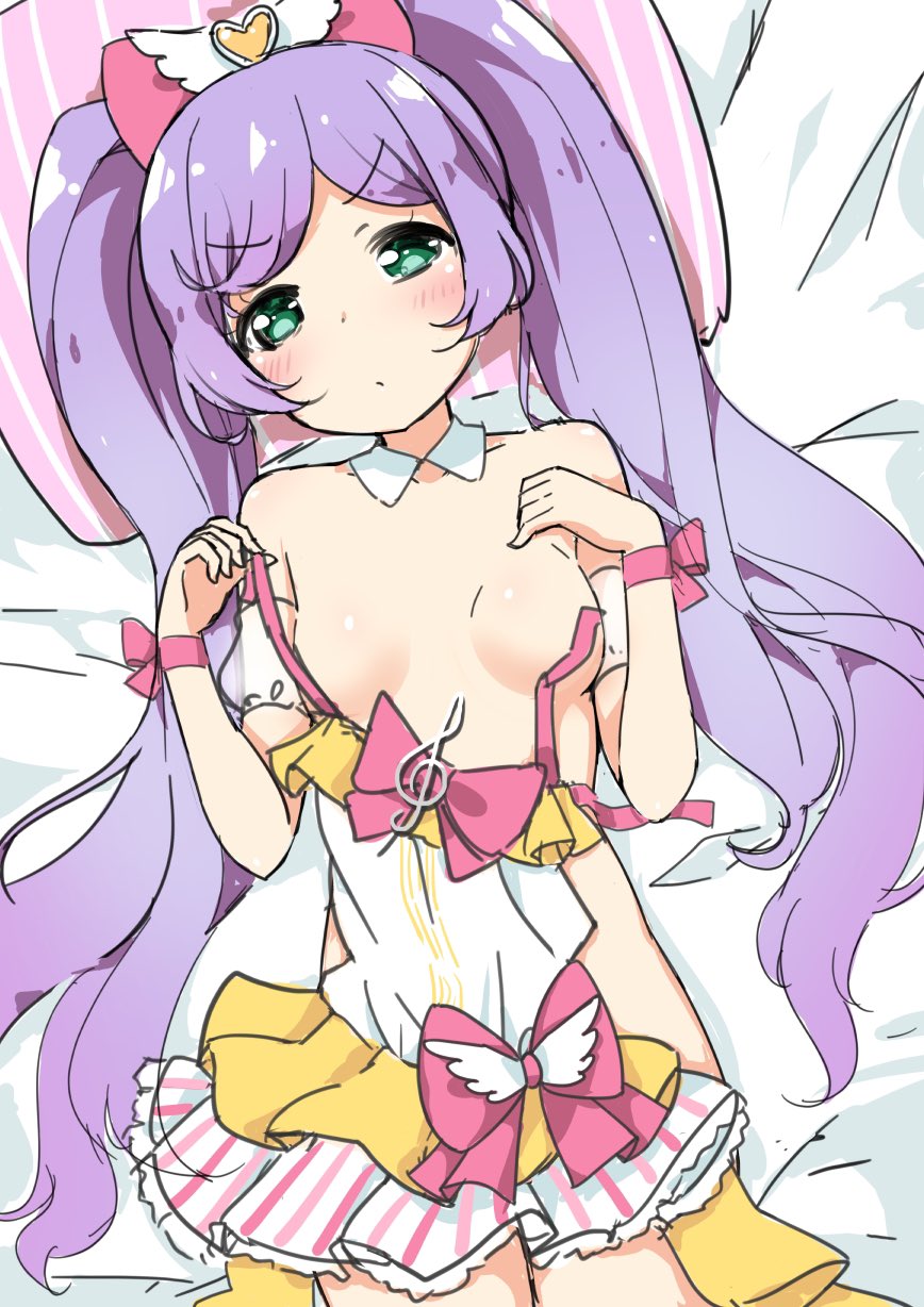 1girl blush border bow breasts covering_privates detached_sleeves dress green_eyes hair_bow highres idol_clothes long_hair manaka_laala medium_breasts multicolored_dress navel nude_cover on_bed outline pink_bow pretty_series pripara pripara_(series) purple_hair sainyan_(strong7) solo twintails white_border white_outline