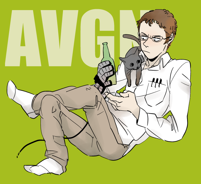 1boy alcohol angry angry_video_game_nerd animification artist_request avgn beer beer_bottle brown_hair cable cat controller game_controller gamepad glasses james_rolfe pen pet playing_games plus12 power_glove short_hair sitting sketch socks
