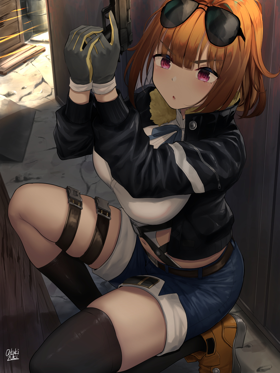 1girl :o artist_name asymmetrical_legwear aviator_sunglasses belt black_socks blouse blue_ribbon blush breasts brown_footwear brown_hair denim denim_shorts eyewear_on_head female_focus fur_trim girls&#039;_frontline gloves grizzly_mkv_(girls&#039;_frontline) gun highres holding holding_gun holding_weapon jacket kneehighs kneeling l.a.r._manufacturing lar_grizzly_win_mag large_breasts long_sleeves mismatched_legwear neck_ribbon oekakizuki on_one_knee red_eyes ribbon shirt short_hair shorts single_kneehigh single_sock socks solo sunglasses thighhighs weapon white_shirt