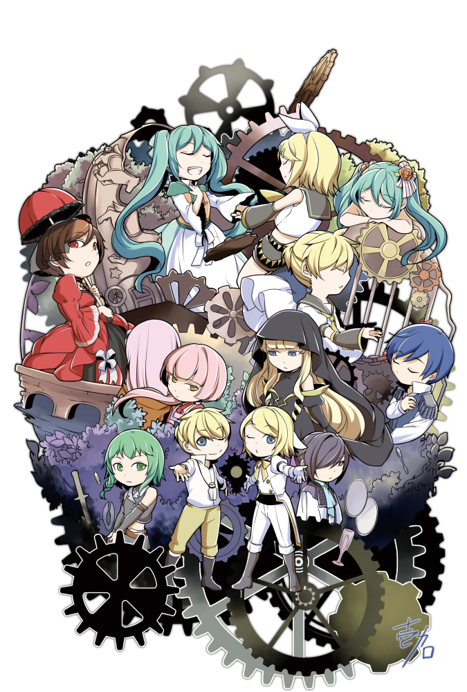 (vocaloid) 4boys 6+girls :o adam_moonlit alternate_hair_color ano aqua_hair artist_name ascot banica_conchita black_hair blonde_hair blue_hair boots bottle bow braid bridge brown_eyes brown_hair carousel chaban_capriccio_(vocaloid) chain chibi chikatte chrono_story_(vocaloid) cloak clockwork clockworker&#039;s_doll clogs closed_eyes cummerbund cup detached_sleeves dress drinking_glass elluka_clockworker evillious_nendaiki forest gammon_octo gear_(evillious_nendaiki) gears glass_of_conchita green_hair gumi hair_bow hair_ornament hairclip hakaba_no_aruji hakoniwa_no_shoujo_(vocaloid) hand_on_own_chest hansel_(evillious_nendaiki) hashi hatsune_miku heartbeat_clocktower_(vocaloid) houtei_no_nushi ichi_ka irina_clockworker kagamine_len kagamine_rin kaito_(vocaloid) kamui_gakupo katana leaf long_hair madam_merry-go-round_(vocaloid) marlon_spoon megurine_luka meiko_(vocaloid) michaela_(evillious_nendaiki) mirror multiple_boys multiple_girls multiple_persona music nanatsu_no_tsumi_to_batsu_(vocaloid) nature nekomura_iroha nemesis_sudou ni outstretched_arms outstretched_hand parasol parted_lips pink_hair ponytail puckered_lips re_birthday_(vocaloid) scissors short_hair side_braid signature singing sleeping smile songover spoon sword tree twin_blades_of_levianta twintails umbrella veil venom_sword very_long_hair vessel_of_sin victorian vocaloid weapon zenmai_jikake_no_komoriuta_(vocaloid)