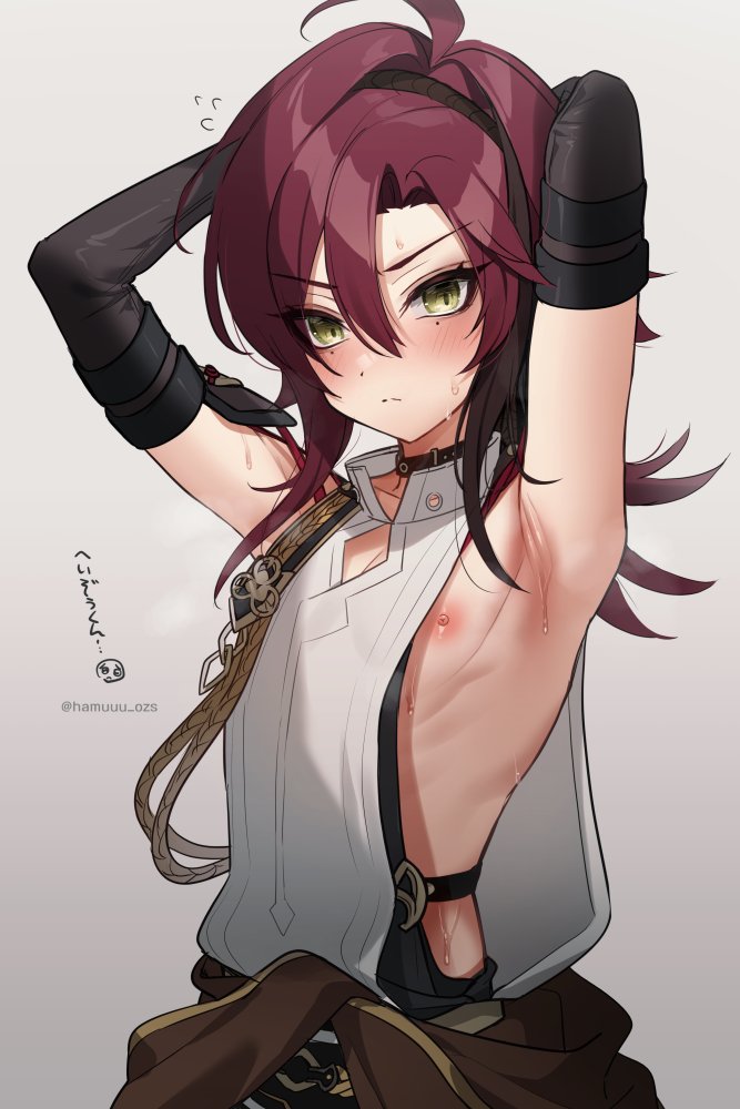 1boy arm_up armor armpits bare_arms bare_shoulders choker closed_mouth collar genshin_impact green_eyes haruya_(lajoon) japanese_armor kote kurokote long_hair male_focus mole mole_under_eye nipples red_hair shikanoin_heizou sleeveless sweat twitter_username