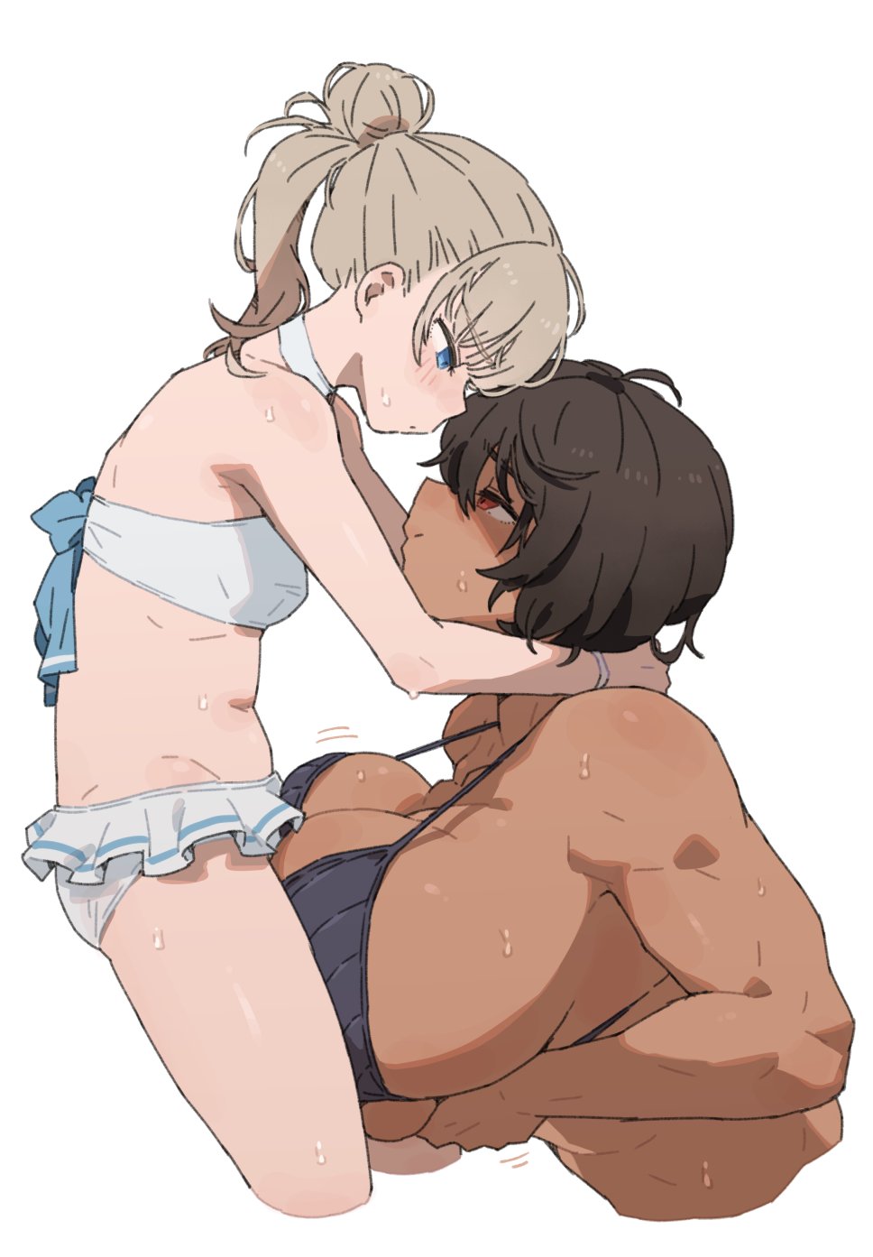 1futa 1girl black_hair blonde_hair blue_eyes breasts brown_hair clothed_sex dark-skinned_female dark_skin futa_with_female futanari height_difference highres humping implied_futanari implied_paizuri kei_(m_k) large_breasts long_hair m_k original ponytail red_eyes rika_(m_k) short_hair simple_background size_difference small_breasts sweat tall_female tan tomboy wife_and_wife