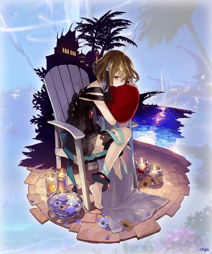1girl aqua_ribbon black_dress black_killers_(phantom_of_the_kill) brown_eyes brown_hair candle commentary_request cushion dress flower full_body hair_between_eyes longinus_(phantom_of_the_kill) medium_hair neck_ribbon night official_alternate_costume official_art on_chair phantom_of_the_kill poolside ribbon second-party_source sitting solo sunflower swimsuit tomato watarubou