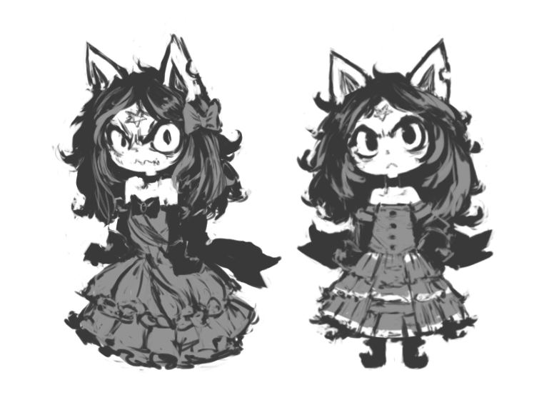 1girl :&lt; angry animal_ears bare_shoulders black_choker black_eyes black_footwear black_hair boots bow cat_ears choker claire_d&#039;lune closed_mouth collarbone commentary dot_nose dress dress_bow elbow_gloves forehead_tattoo gloves hair_bow hand_on_own_hip inawon long_dress long_hair looking_at_viewer messy_hair multiple_views parted_hair pentagram pentagram_tattoo puffy_dress simple_background straight_hair symbol-only_commentary the_summoning wavy_mouth white_background