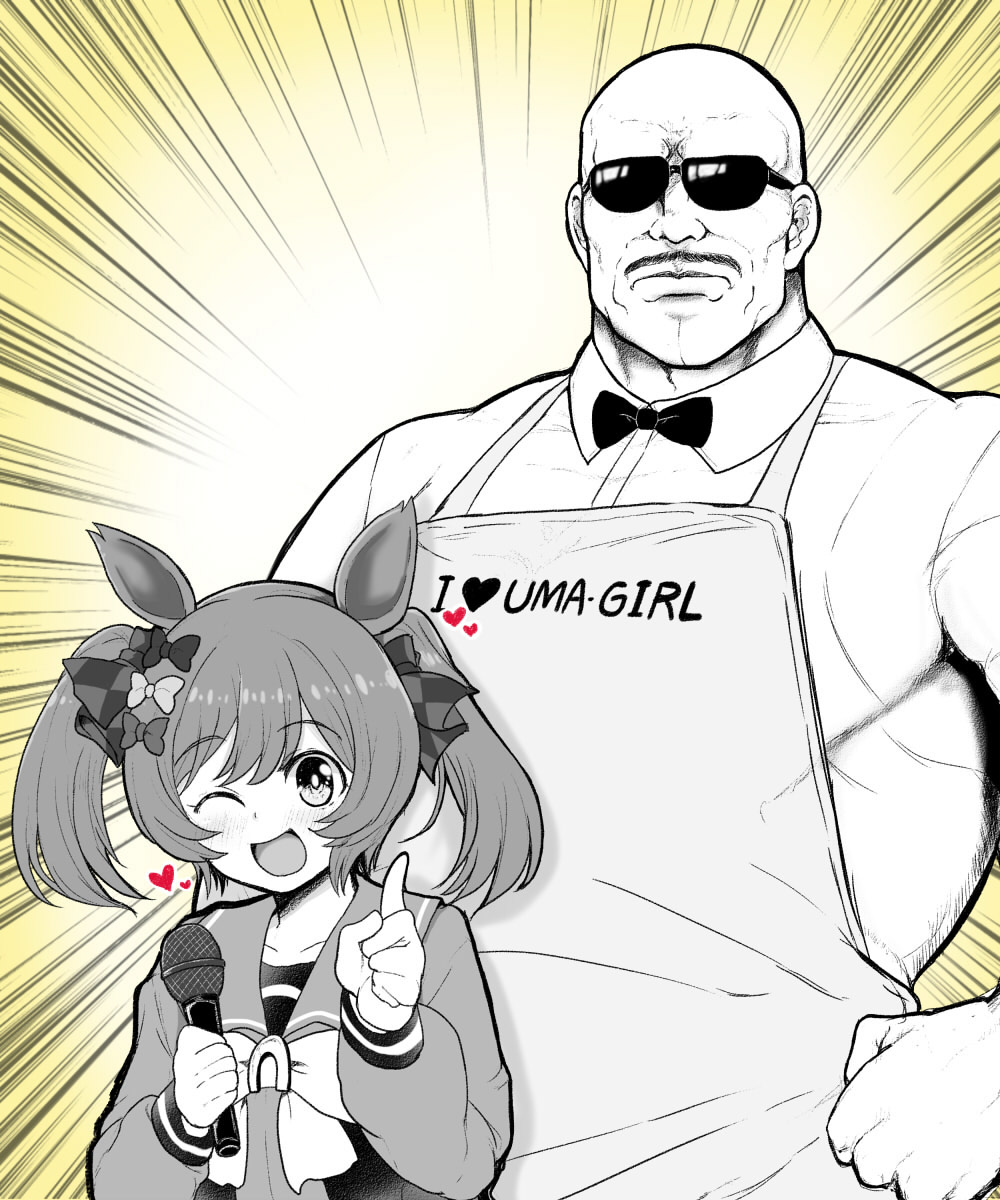 1boy 1girl animal_ears apron bald bow bowtie city_hunter crossover emphasis_lines facial_hair greyscale greyscale_with_colored_background hair_bow highres horse_ears horse_girl matarou_(matarou072) microphone monochrome mustache name_connection one_eye_closed open_mouth sailor_collar sailor_shirt school_uniform shirt size_difference smart_falcon_(umamusume) smile summer_uniform sunglasses tracen_school_uniform twintails umamusume umibozu_(city_hunter) yellow_background